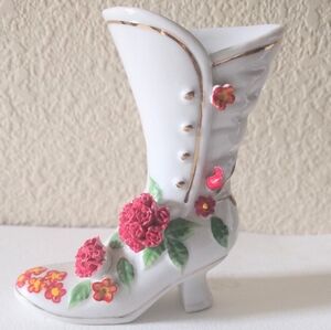 Vintage Porcelain High healed Boot with Beautiful Applied 3 d Flowers